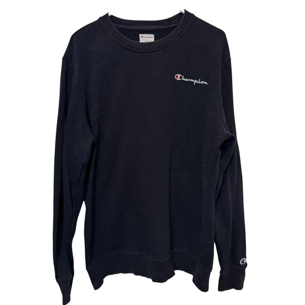 Champion Men Sweatshirt L Black Embroidered Logo Crewneck Athleisure Soft Active